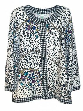 Laura Ashley Sweater Size L Silk Blend Button Up Cardigan Cheetah Jeweled